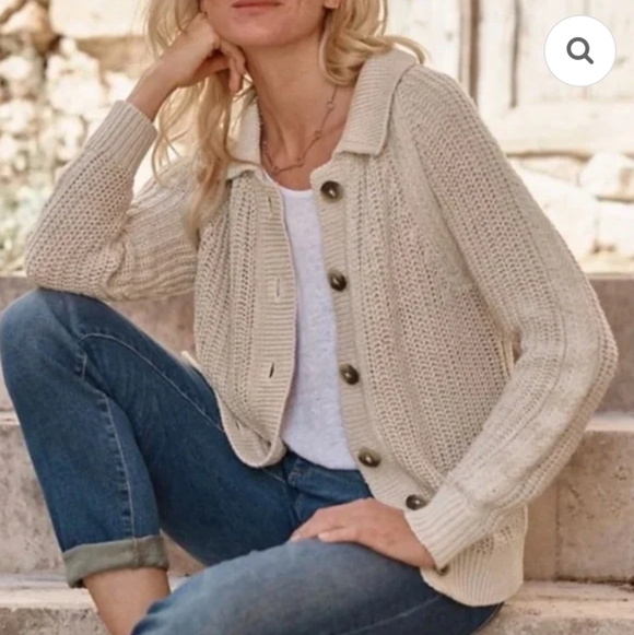 Garnet Hill Isle Linen Cotton Relax Fit Knit Collared Button Front Cardigan NWOT - Picture 2 of 14